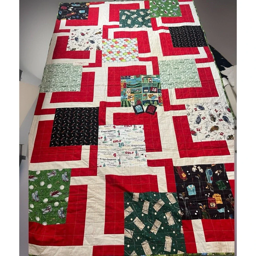 VINTAGE Patchwork Quilt Golf Themed On Both Sides 1950's